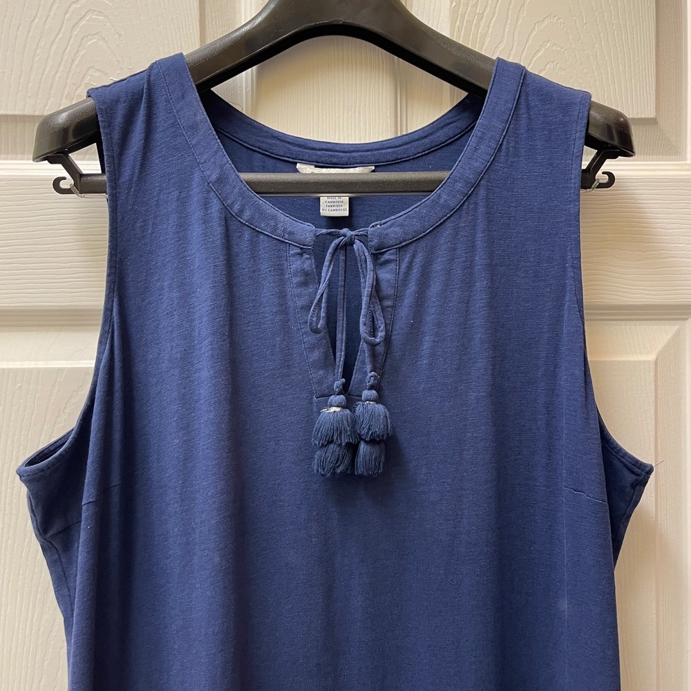 Tommy Bahama Woodblock Blossoms Mare Navy Split Neck Ruffle Dress Size XL    EUC